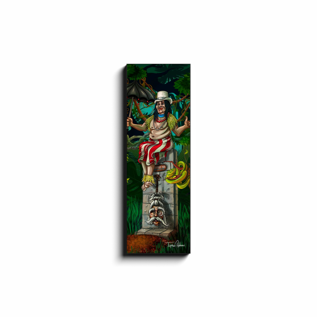 Shrunken Head Ned tiki stretching portrait Canvas Wrap by Topher Adam