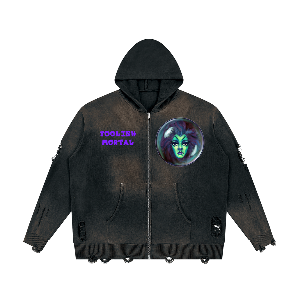 Unisex Distressed Full Zip Sweater