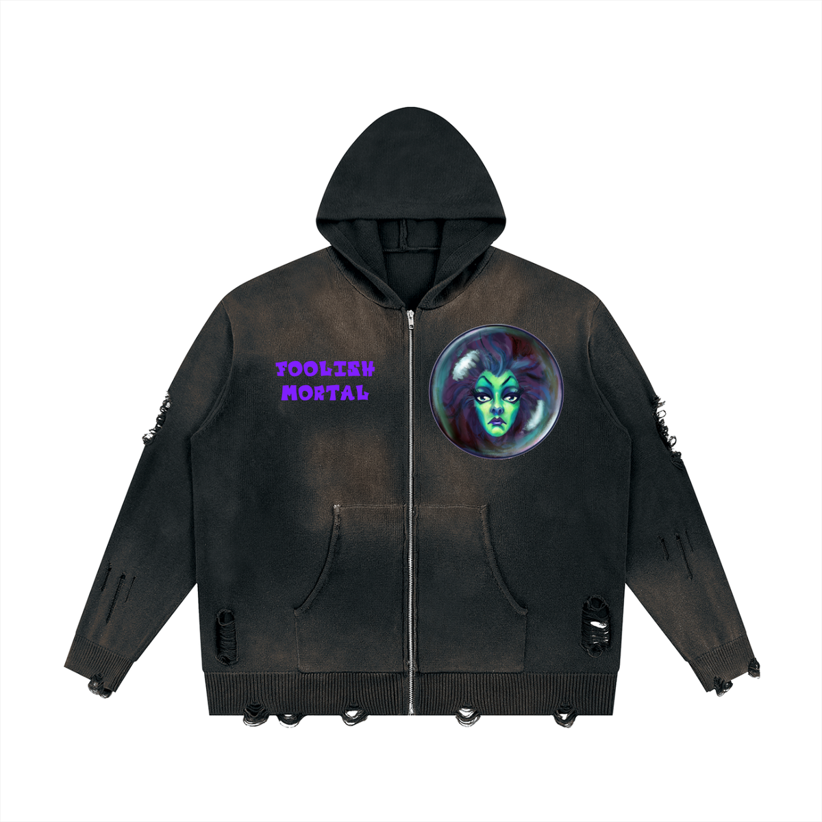 Unisex Distressed Full Zip Sweater